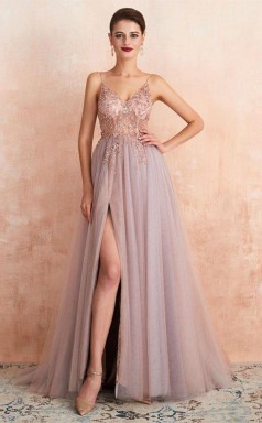 Straps A Line Beading Rose Split Tulle Prom Dress with Crystal   JTA0061