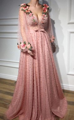 Beautiful Long Sleeves V Neck 3D Flowers Pink Prom Dress Formal Dress  JTA0081