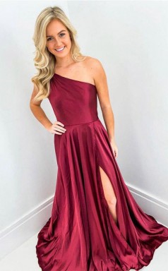 Elegant Wine Red One Shoulder Long Prom Formal Dress with Split  JTA0371