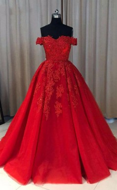 Ball Gown Sweetheart Cap Sleeve Lace Appliques Prom Dress JTA0541