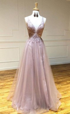 Sexy Deep V Neck Appliques A Line Tulle Pink Long Prom Dress  JTA1081