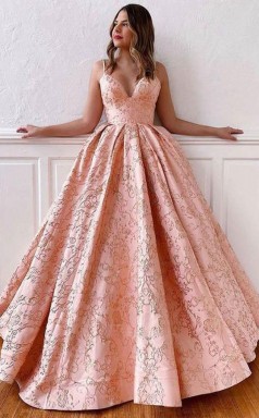 Ball Gown V Neck Straps Cross Back Blush Pink Long Prom Dress JTA1781