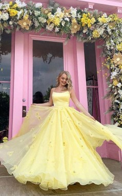 Straps Tulle Bodice 3D Flowers With Back Lace Up Yellow Long Prom Dress JTA1981