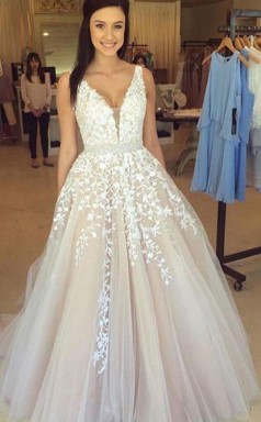 A Line V Neck Light Long Prom Dress With Tulle A LinePrincess JTA2071