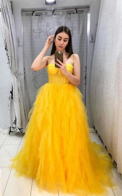 Yellow Tulle Prom Dress A Line Sleeveless Evening Gown  JTA2171