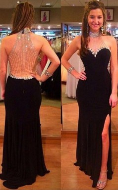 Halter Black Split Floor-Length Prom Dress With Beading Rhinestones JTA2811