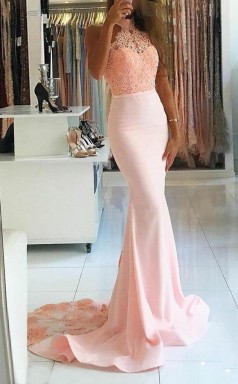 Mermaid High Nack Sweep Train Pink Satin Prom Dress with Beading Lace  JTA4261