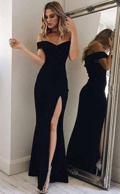Off-the-Shoulder Ankle-Length Black Split Prom Dress Party Dress  JTA4361