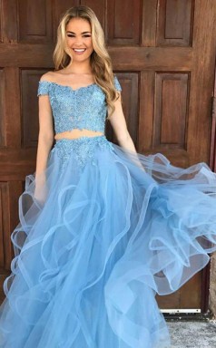 Two Piece Off The Shoulder Sky Blue Organza Prom Dress with Appliques JTA4511