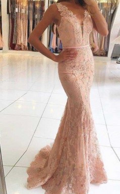 Mermaid V Neck Sweep Train Pink Lace Prom Dress with Beading  JTA4601
