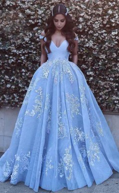 Ball Gown Off-the-Shoulder Sweep Train Blue Tulle Prom Dress JTA4641