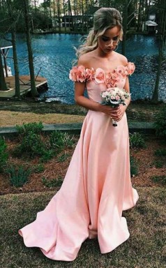 Off-the-Shoulder Sweep Train Pink Satin Prom Dress with Flowers JTA4741