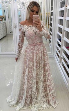A Line Off-the-Shoulder Prom Dress with Lace Appliques Sleeves  JTA5351