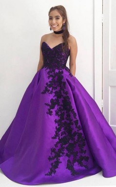 Sweetheart Ball Gown Purple Long Prom Dress with Black Appliques JTA5441