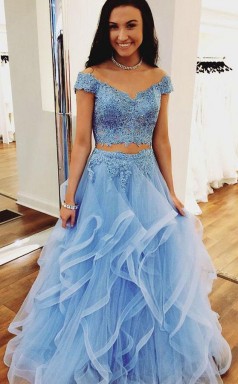 Two Pieces Off Shoulder Short Sleeve Light Blue Lace Prom Dress  JTA5561