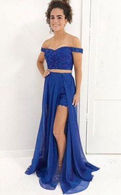 Detachable Two Pieces Royal Blue Lace Off Shoulder Prom Dress JTA5571