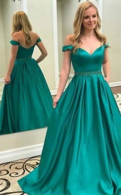 Off Shoulder Emerald Green A Line Long Evening Prom Dress JTA5801