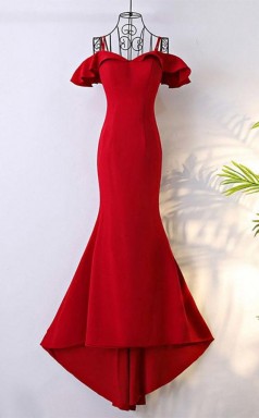 Off Shoulder Classy Long Red Mermaid Prom Dress With Train JTA5961