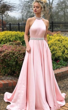 A Line Pink Satin Open Back Sleeveless Prom Dress with Beading JTA6021