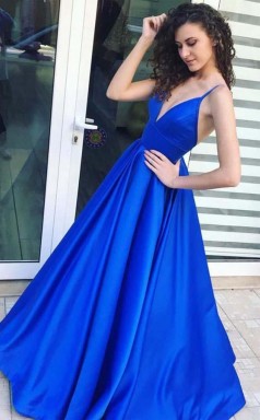 A Line Spaghetti Straps Floor-Length Royal Blue Satin Prom Dress JTA6041