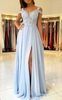 A Line Cold Shoulder Light Blue Chiffon Prom Dress with Appliques JTA6101