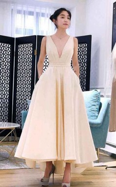 A Line High Low V Neck Short Prom Dress Homecoming Dress JTA6671