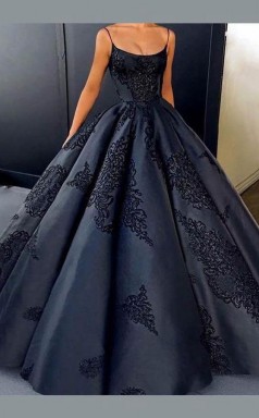 Ball Gown Black Straps Long Prom Formal Dress With Lace Applique  JTA7351