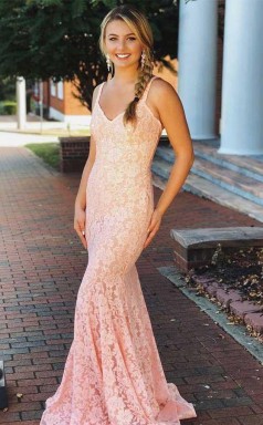 Mermaid V Neck Sleeveless Pink Lace Backless Prom Dress Beading  JTA7491