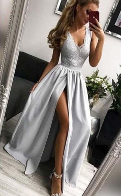 Elegant A Line V Neck Open Back Split Light Grey Lace Long Prom Dress  JTA7511