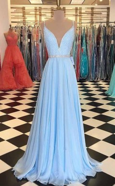 V Neck Open Back Spaghetti Straps Light Blue Long Prom Dress with Beading JTA7551