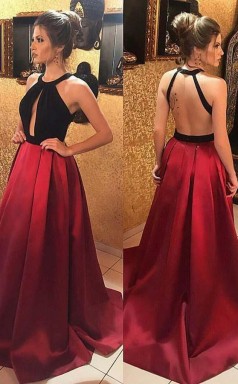 A Line Round Neck Keyhole Backless Dark Red Satin Prom Formal Dress JTA7591