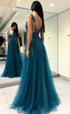 A Line V Neck Split Turquoise Tulle Prom Dress with Appliques Beading JTA7631