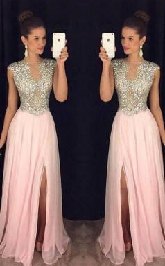 A Line Round Neck Pink Chiffon Split Long Prom Dress with Beading JTA7651