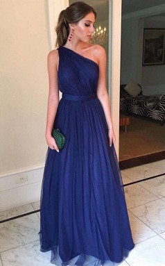 One Shoulder Royal Blue Tulle Long Prom Dress Simple Evening Dress  JTA8461