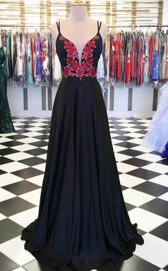 A Line Satin Spaghetti Straps Floral Appliques Black Long Prom Dress JTA8631