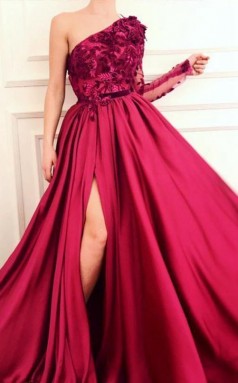 A Line Burgundy  Applique Long Sleeve One Shoulder Prom Dress With Split  JTA8731