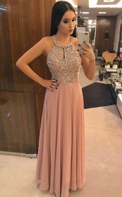 A Line Pink Chiffon Halter Backless Prom Evening Dress With Beading JTA9491