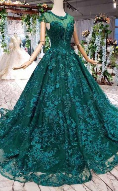 New Style Cap Sleeves Tulle Ball Gown Prom Dress With Lace Applique  JTA9841