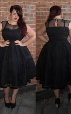 Black Organza A-line Illusion Short Sleeve Tea-length Plus Size Prom Dress(PRPSD04-100)