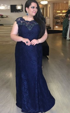 Navy Blue Lace Trumpet/Mermaid Scalloped Short Sleeve Floor-length Plus Size Prom Dress(PRPSD04-115)