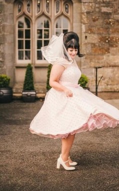 Plus Size 1950s Vintage Tea Length Short Pink Polka Dot Retro Wedding Dress BWD068