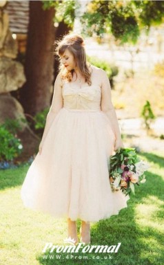  Plus Size A Line Nude Tea Length Country Rustic 50s Wedding Dress Garden BWD074