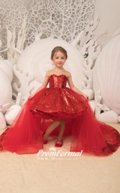 New Sparkle Sequins Kids Girls Pageant Dress Removable Tulle Train Hi Lo Kids Christmas Birthday Party Dress with Bow CHK180