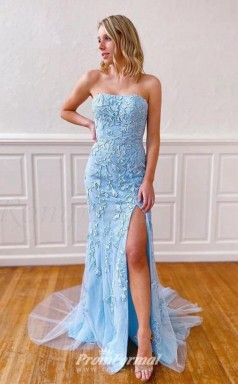 Mermaid Strapless Sky Blue Split Prom Formal Dress With Lace JTA0751